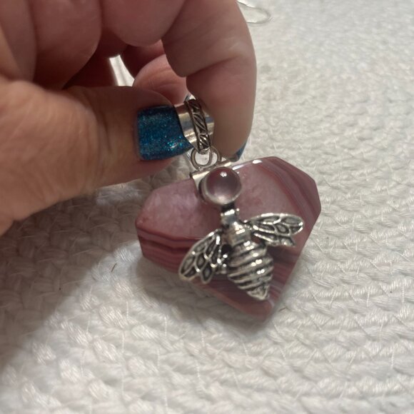 Whimsical PINK BOTSWANA AGATE/ BUMBLE BEE Handmade Sterling  Pendant/Chain #295D - Picture 2 of 3